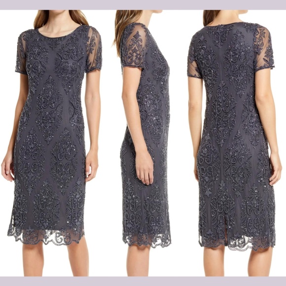 NEW $228 Pisarro Nights [‎ 2 ] Short Sleeve Beaded Midi Dress in Slate - Picture 2 of 14